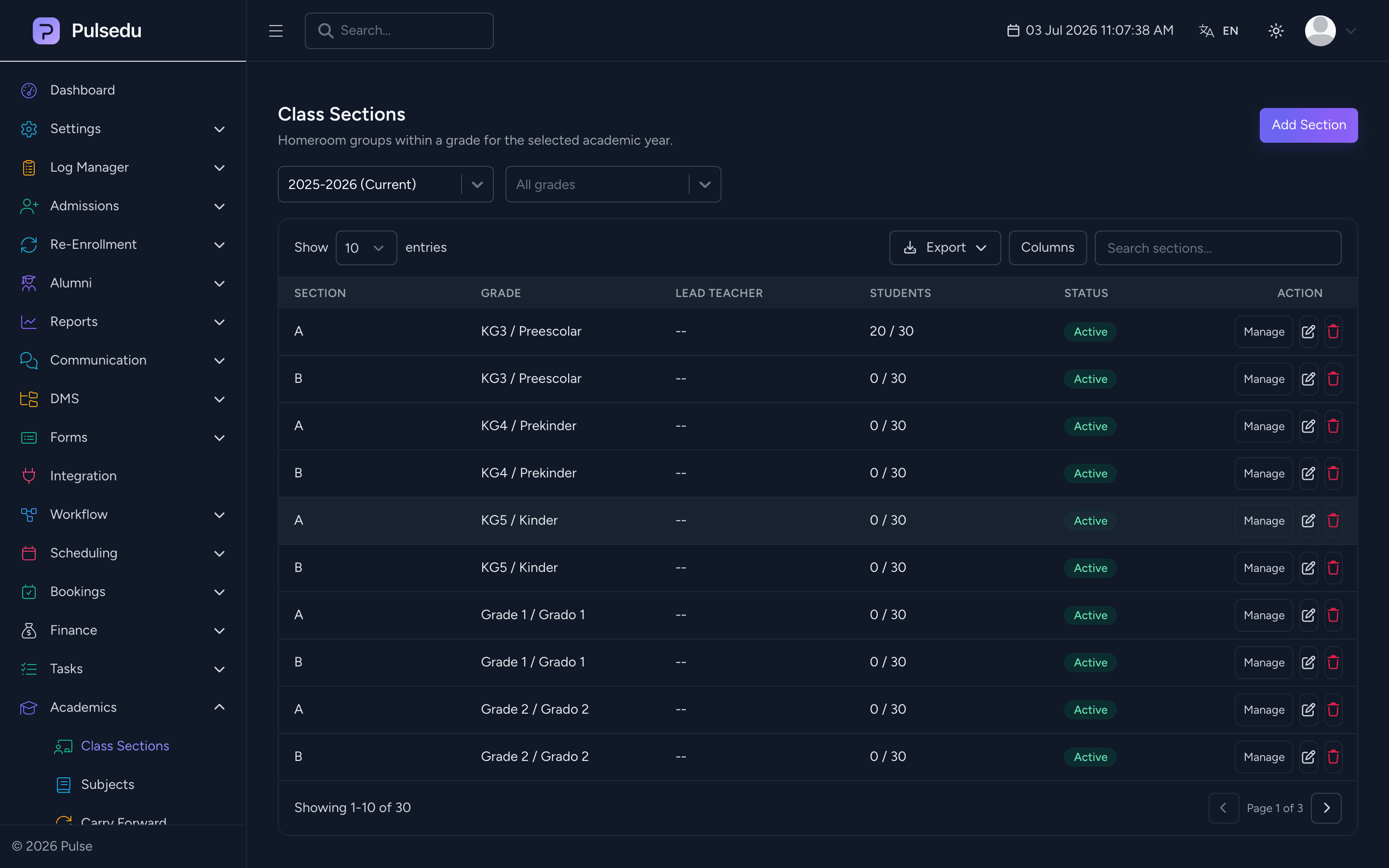 Product screenshot of the Academics module in the Pulsedu app