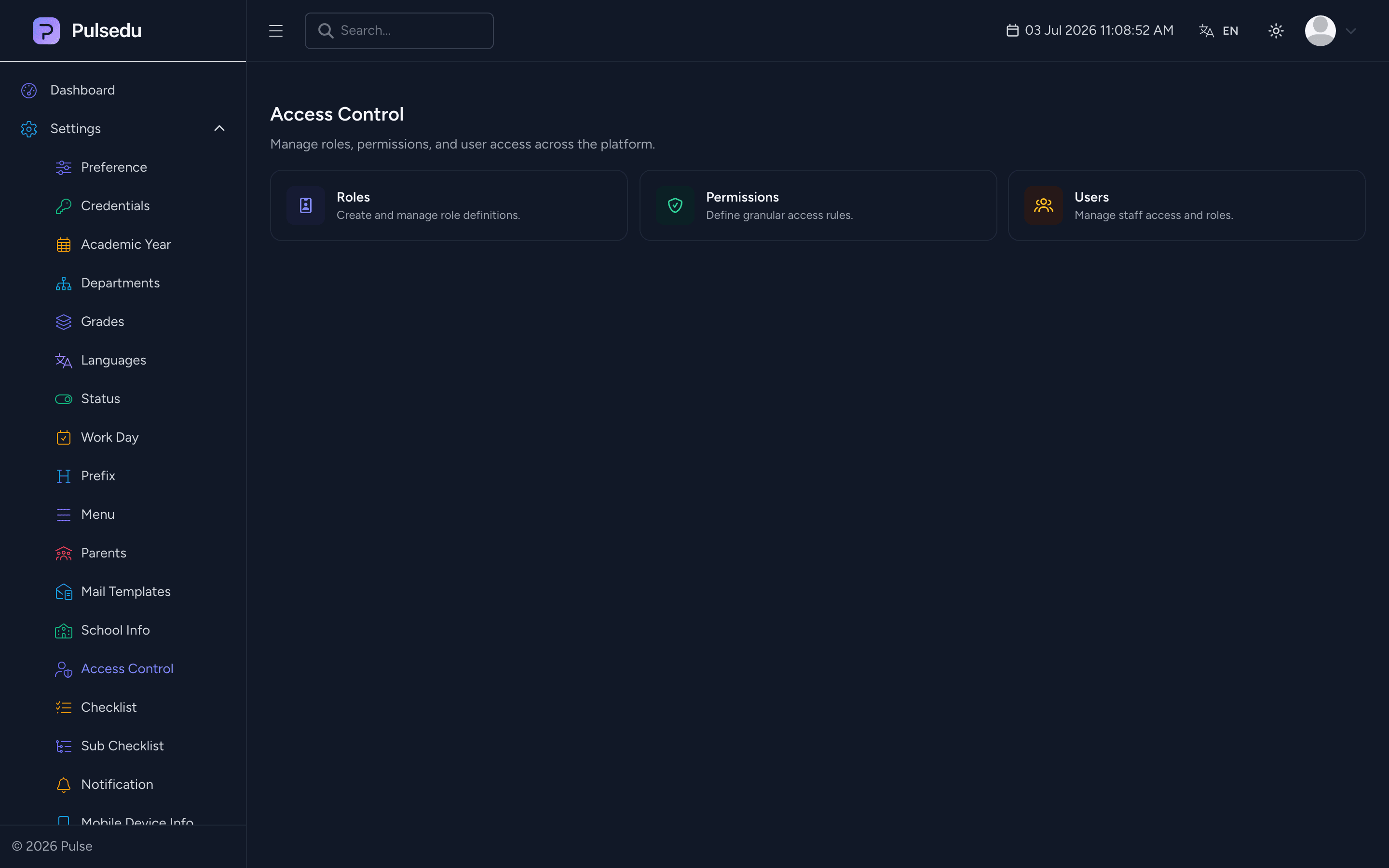 Product screenshot of the Administration & Security module in the Pulsedu app