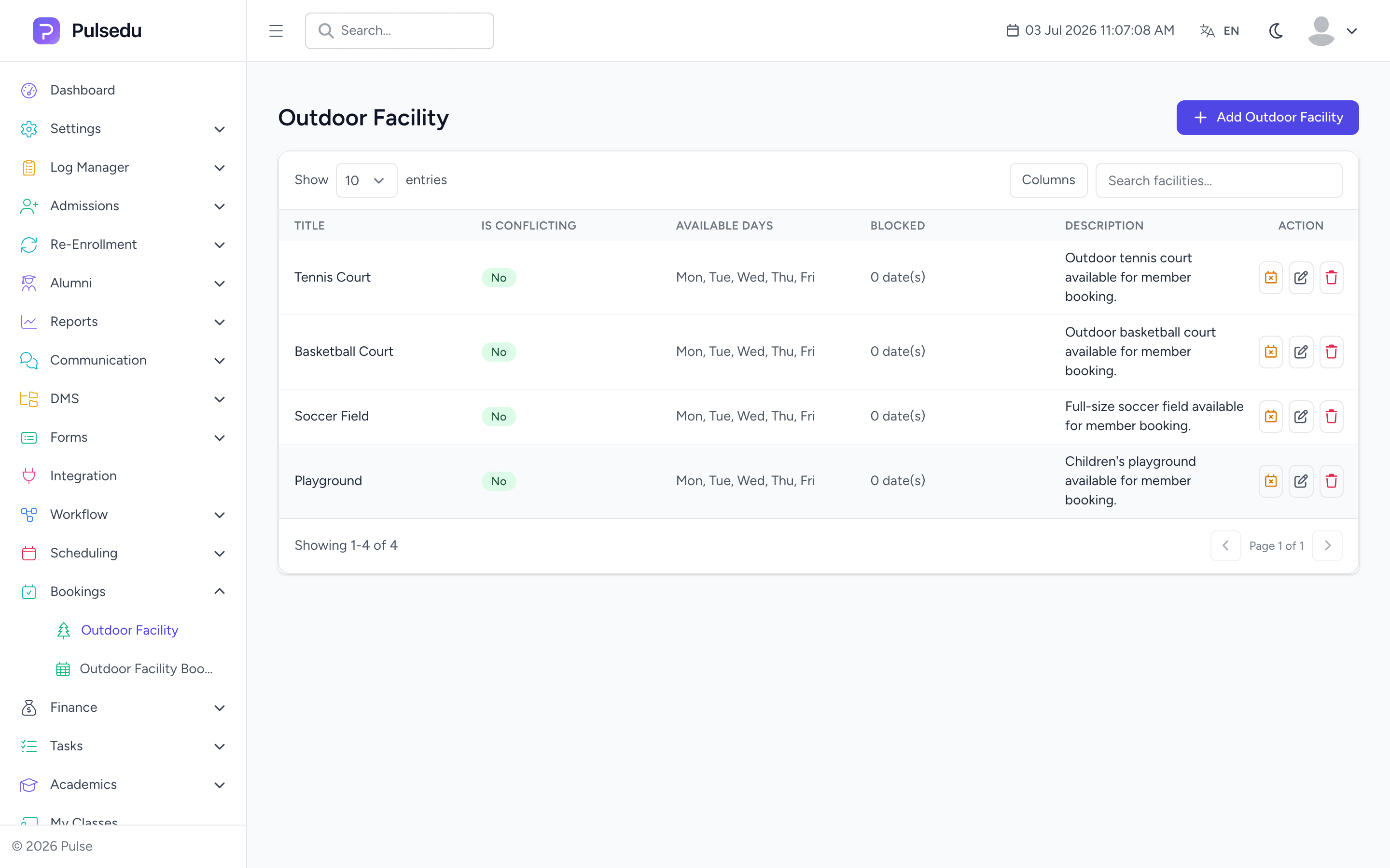 Product screenshot of the Scheduling & Bookings module in the Pulsedu app