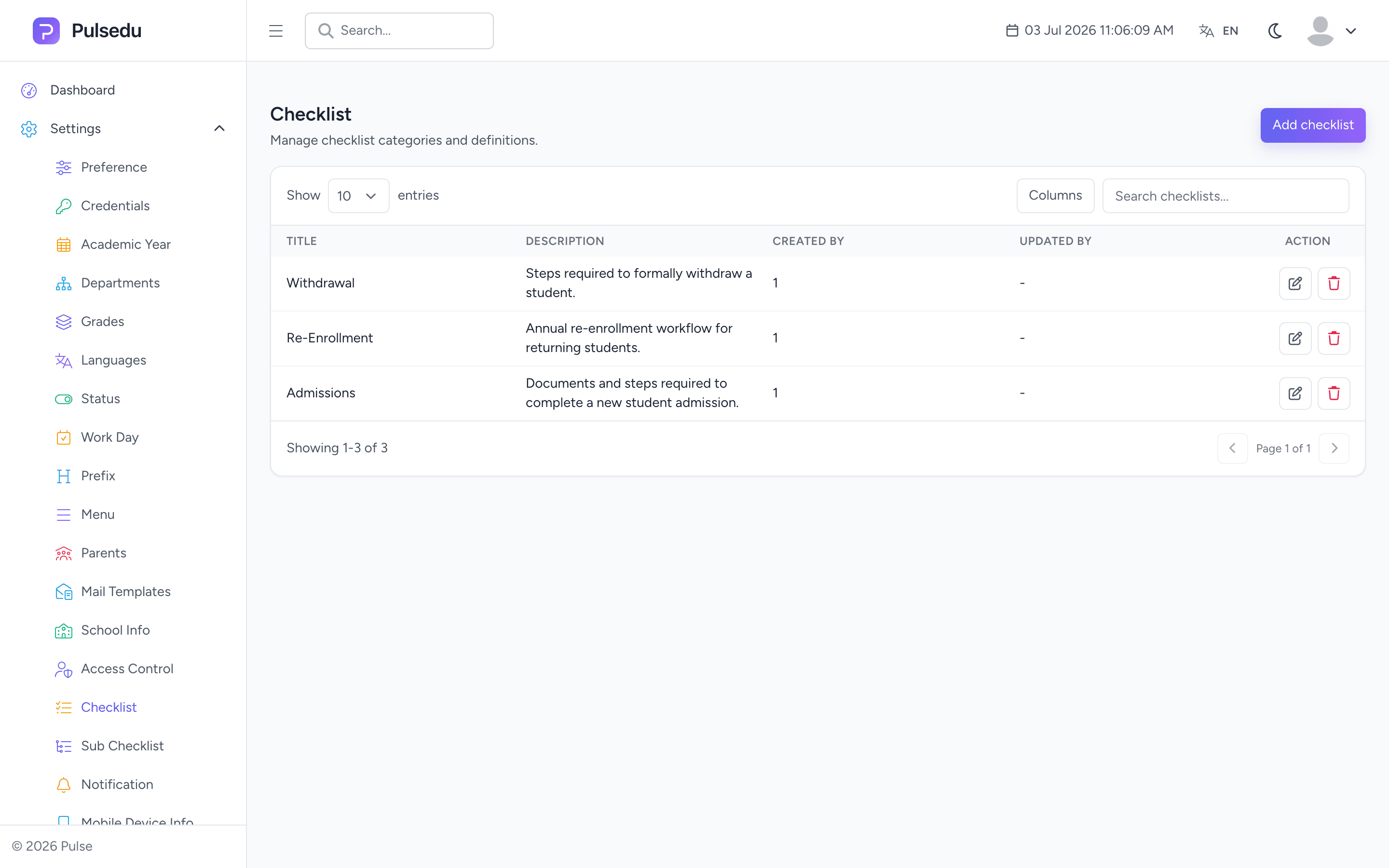 Product screenshot of the Checklists & Requirements module in the Pulsedu app