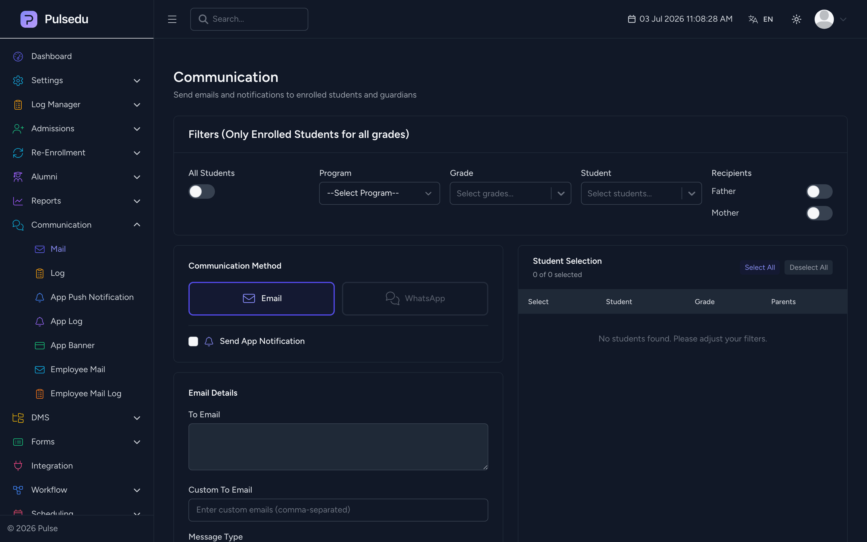 Product screenshot of the Communications module in the Pulsedu app