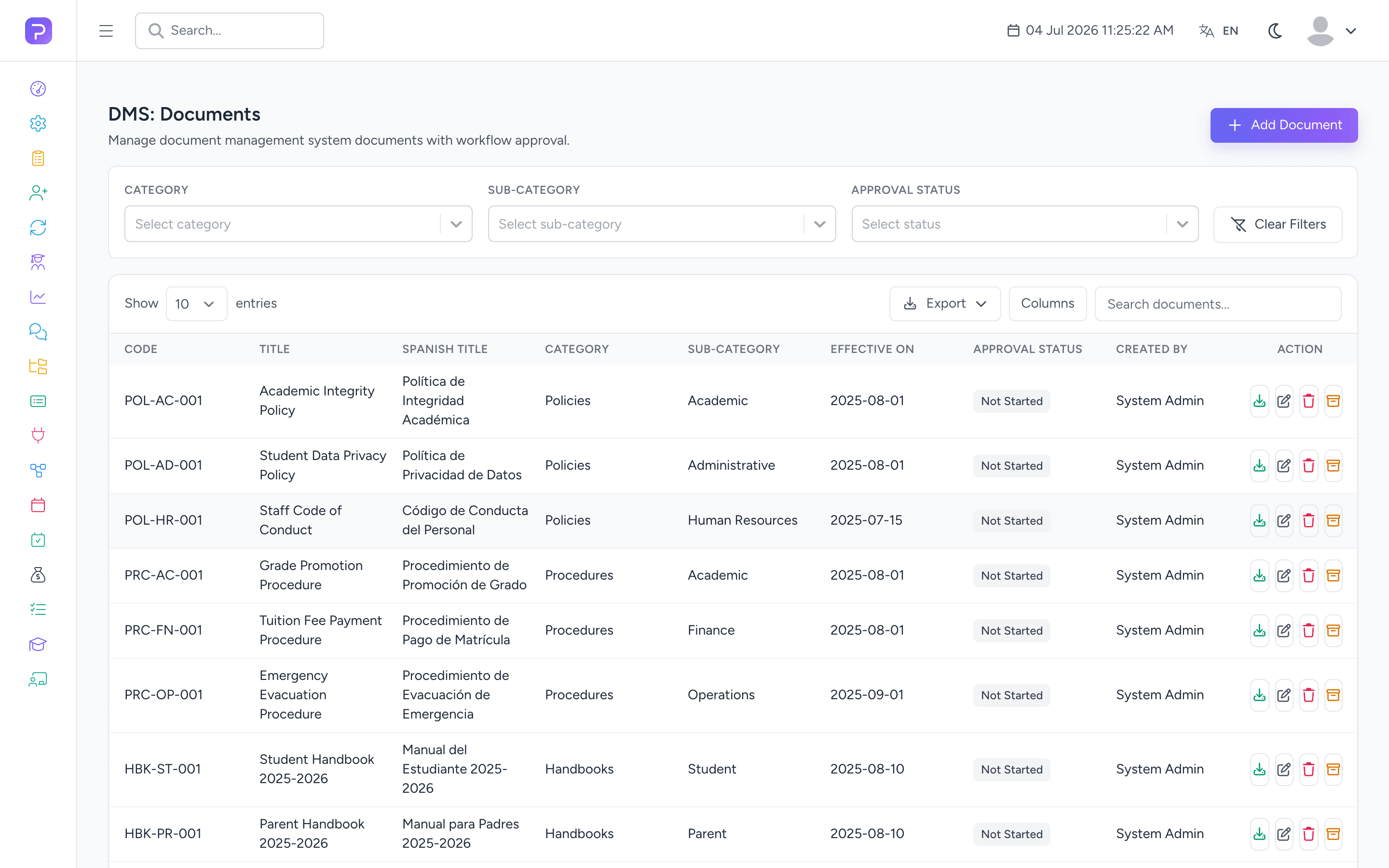 Product screenshot of the Document Management module in the Pulsedu app