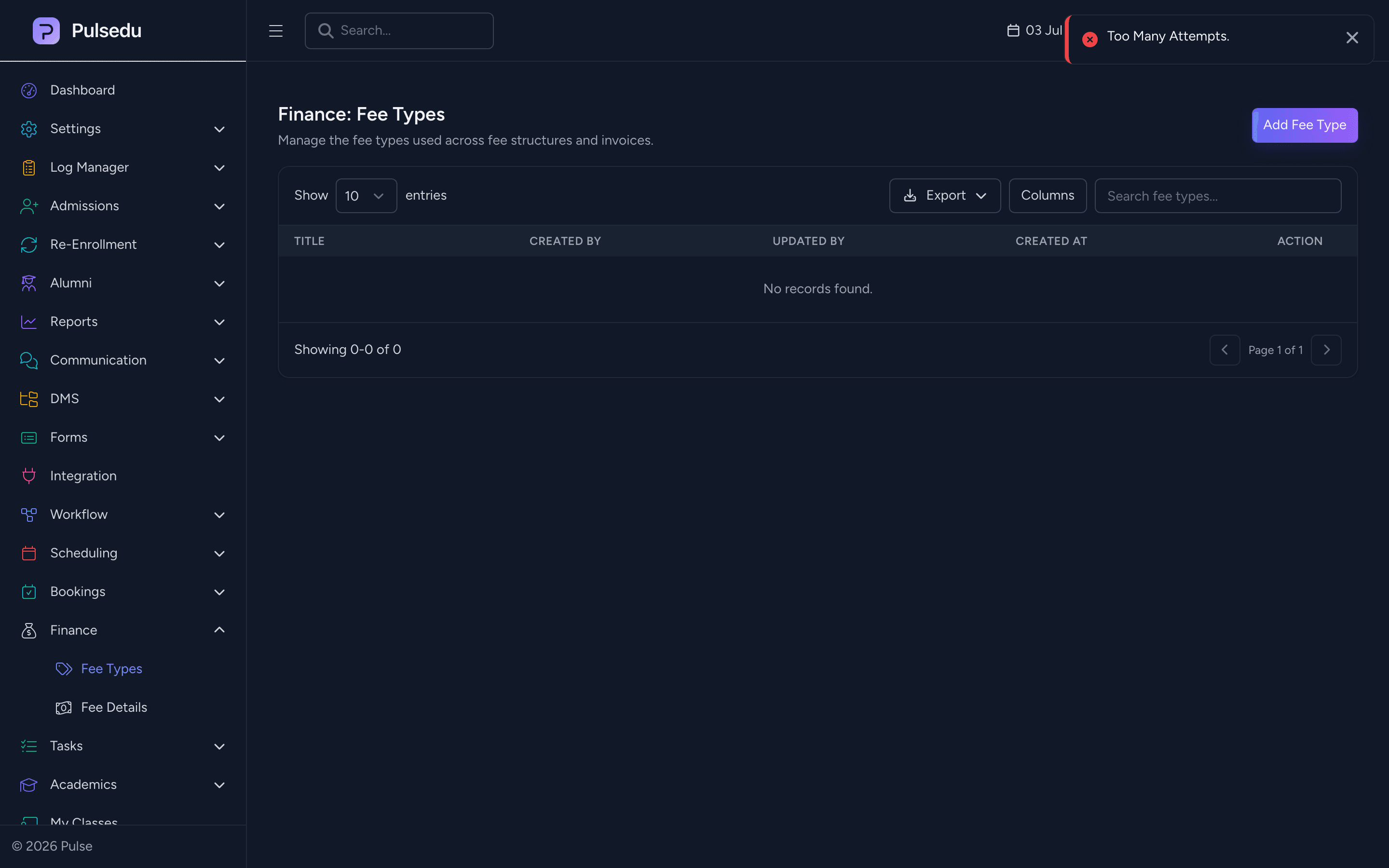 Product screenshot of the Finance & Payments module in the Pulsedu app