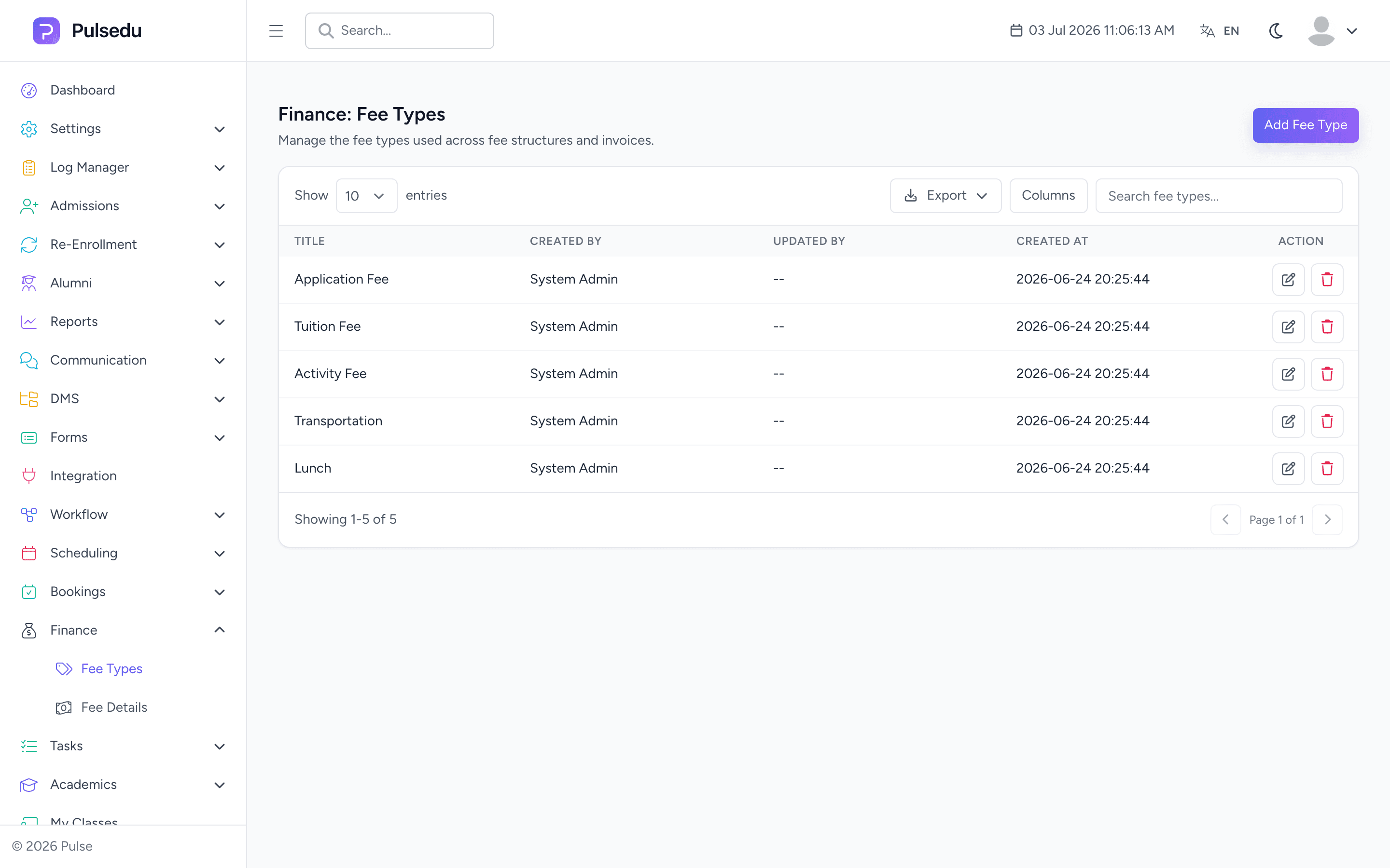 Product screenshot of the Finance & Payments module in the Pulsedu app